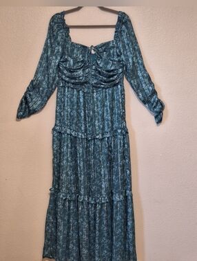 Beyond Words Green Boho Maxi Dress Cottagecore Prairie Smocked Slit L